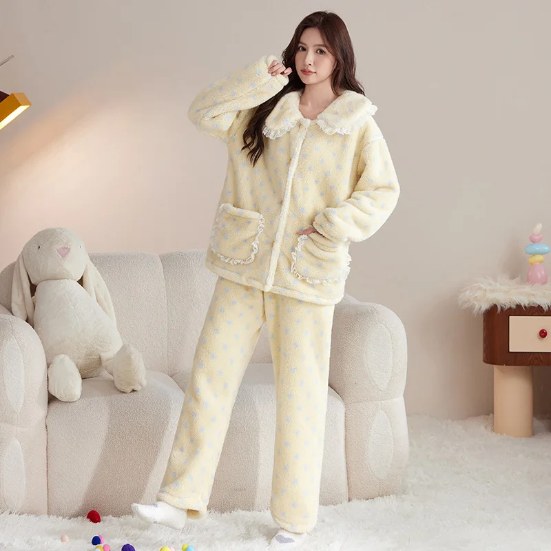

Peter Pan Collar Winter Women's Pajama Set Cute Sweet Sleepwear Thicken Keep Warm Coral Fleece Home Service New Nightwear Suit