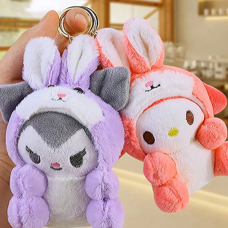 1PC Cute Rabbit Cross Dressing Sanrio Plush Keychain For Children Hello Kitty Pendant Cartoon Backpack Decoration Gifts For Girl image 3
