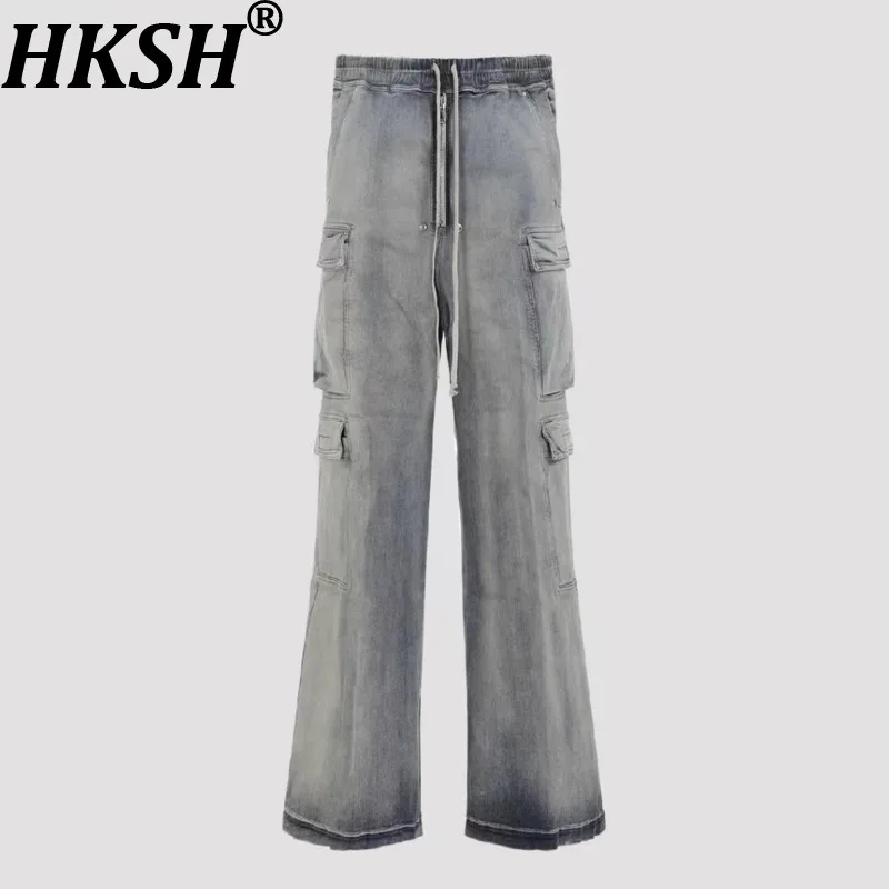 HKSH Men High Street RO Style Washed Large Pockets Wide Leg Safari Style Denim Pants Punk Chic Ins Jeans Gradient Trendy HK18036