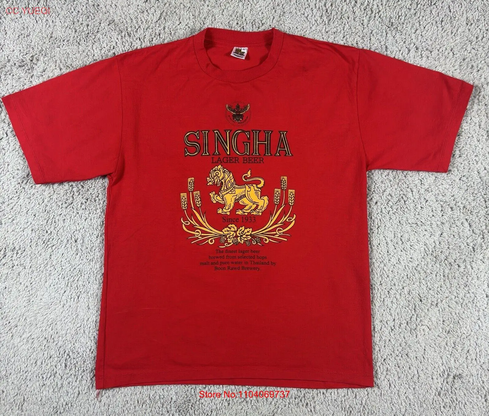 Singha Lager Beer Red T Shirt Mens Size Large Authentic Made Thailand Short Slee