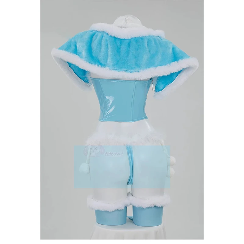 Women Lingerie Set Winter Christmas Blue White Furry Heart Hollow Top and Panty with Cloak Cosplay Costume