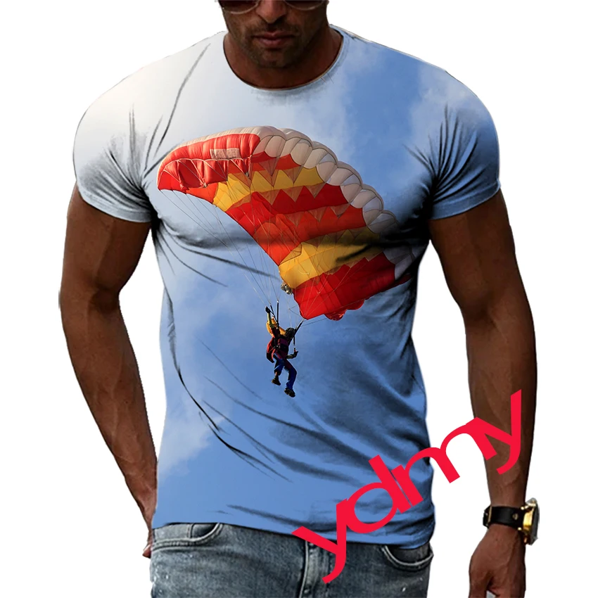 Tide Fashion Summe Parachute Picture Men's T-shirt Casual Print Tees Hip Hop Personality Round Neck Short Sleev Tops