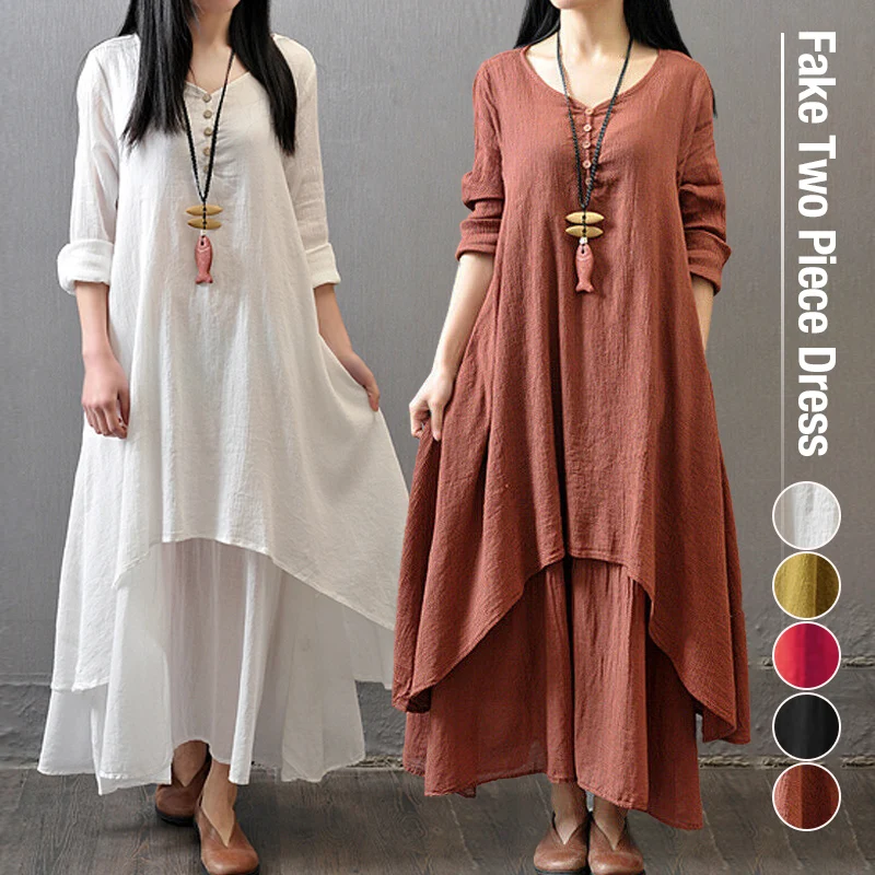 Summer Women Linen Dress  Gypsy Maxi Boho Vintage Kaftan Loose Dress Fake Two-piece Literary Irregular Large Swing Dress Robe