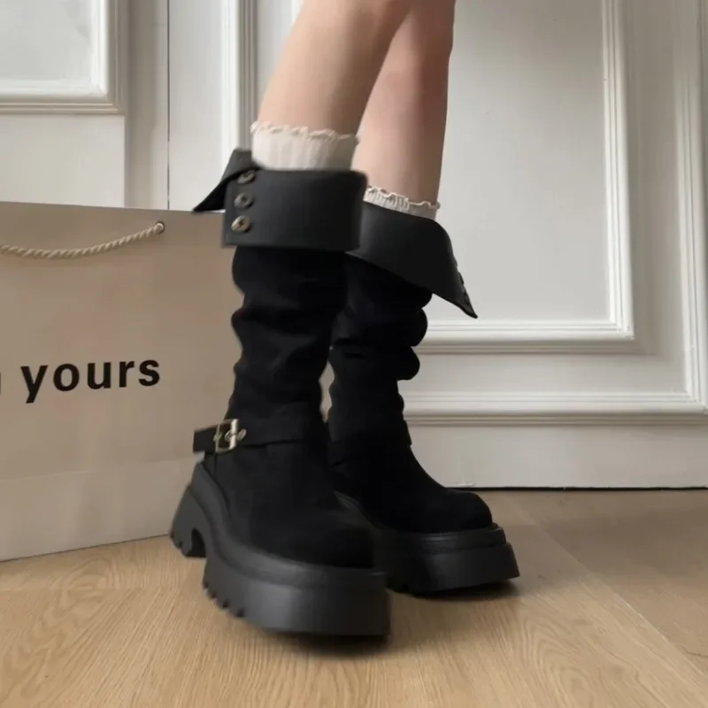 

Cow Suede Mid-calf Mid Heel Modern Boots Rivet Round Toe Women's Shoes on Sale 2025 Fashion Solid Slip-on Punk Women's Boots