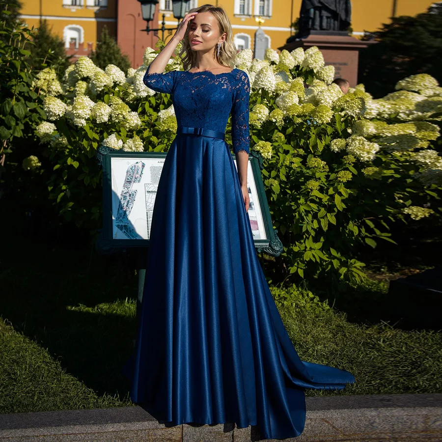 Elegante laço azul real mãe da noiva vestido colher pescoço três quartos mangas arco cinto cetim a linha mãe vestidos