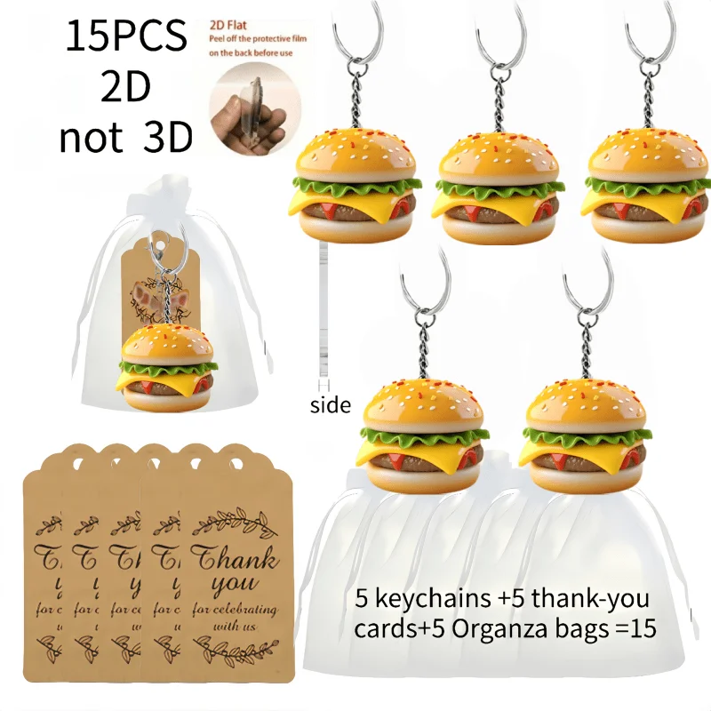 5sets Cheeseburger Keychains Including 2D Acrylic Ornament & Thank You Cards & Organza Bags Car Rearview Mirror Decorations Gift