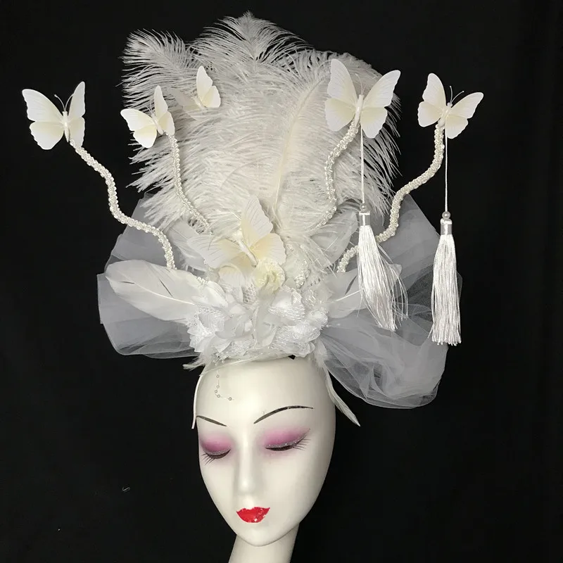 White Flower Feather Chinese Style Headwear Model Fashion Exaggerated Headwear Stage Creative Styling Headwear
