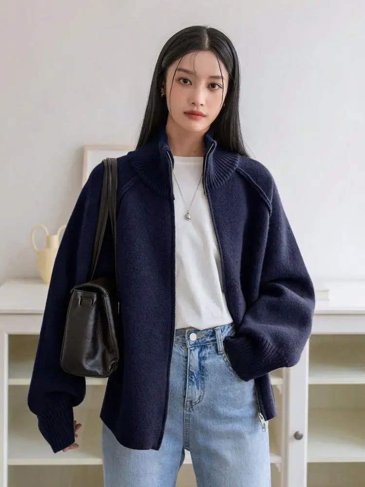 

Осень-зима, однотонный универсальный свитер на молнии с длинными рукавами, корейский модный женский праздничный кардиган, вязаные топы, простота, модный