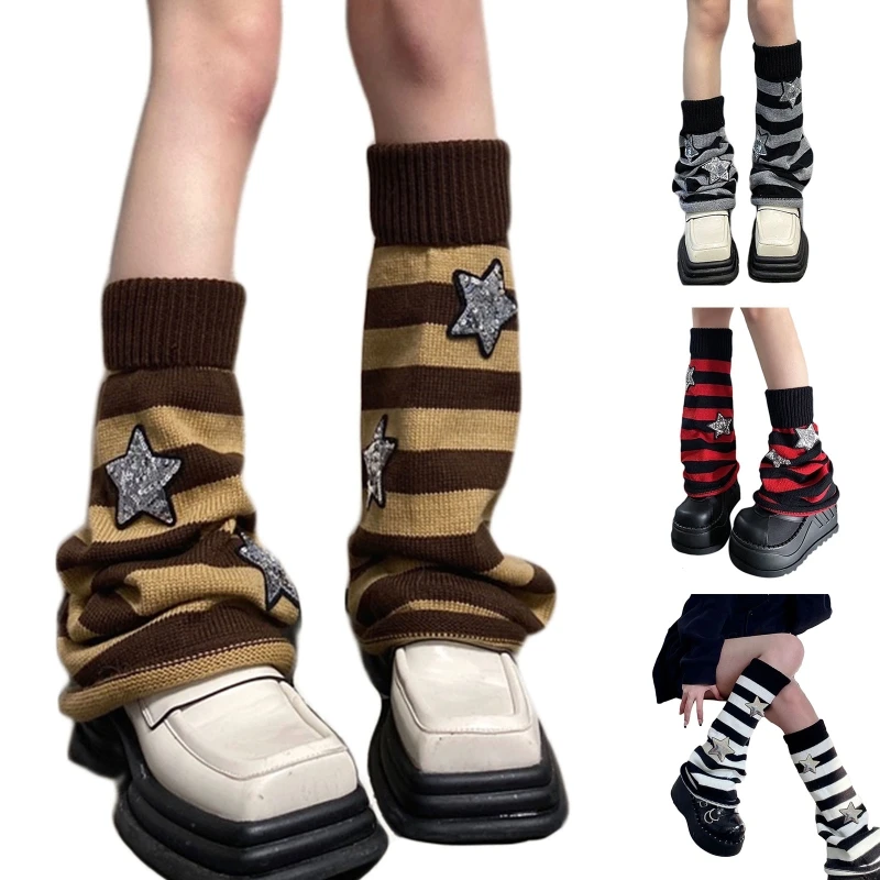 Harajuku Women Autumn Leg Warmers Socks Japanese Gothic Striped Sequins Stars Knitted Long Socks Punk Baggy Foot Covers