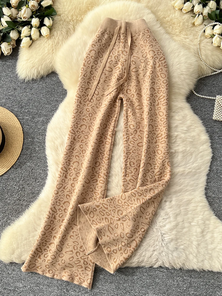Loose Knitted Wide Leg Pants Women's Soft Lazy Sle Winter High Waist plus Size Leopard Print Floor Length Trousers