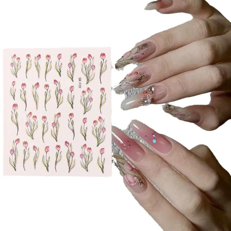 Tulip Pink Pretty Nail Art Sticker Oil Painting Style Self-adhesive Decal Cartoon Simple Strokes Sliders Manicure Decoration