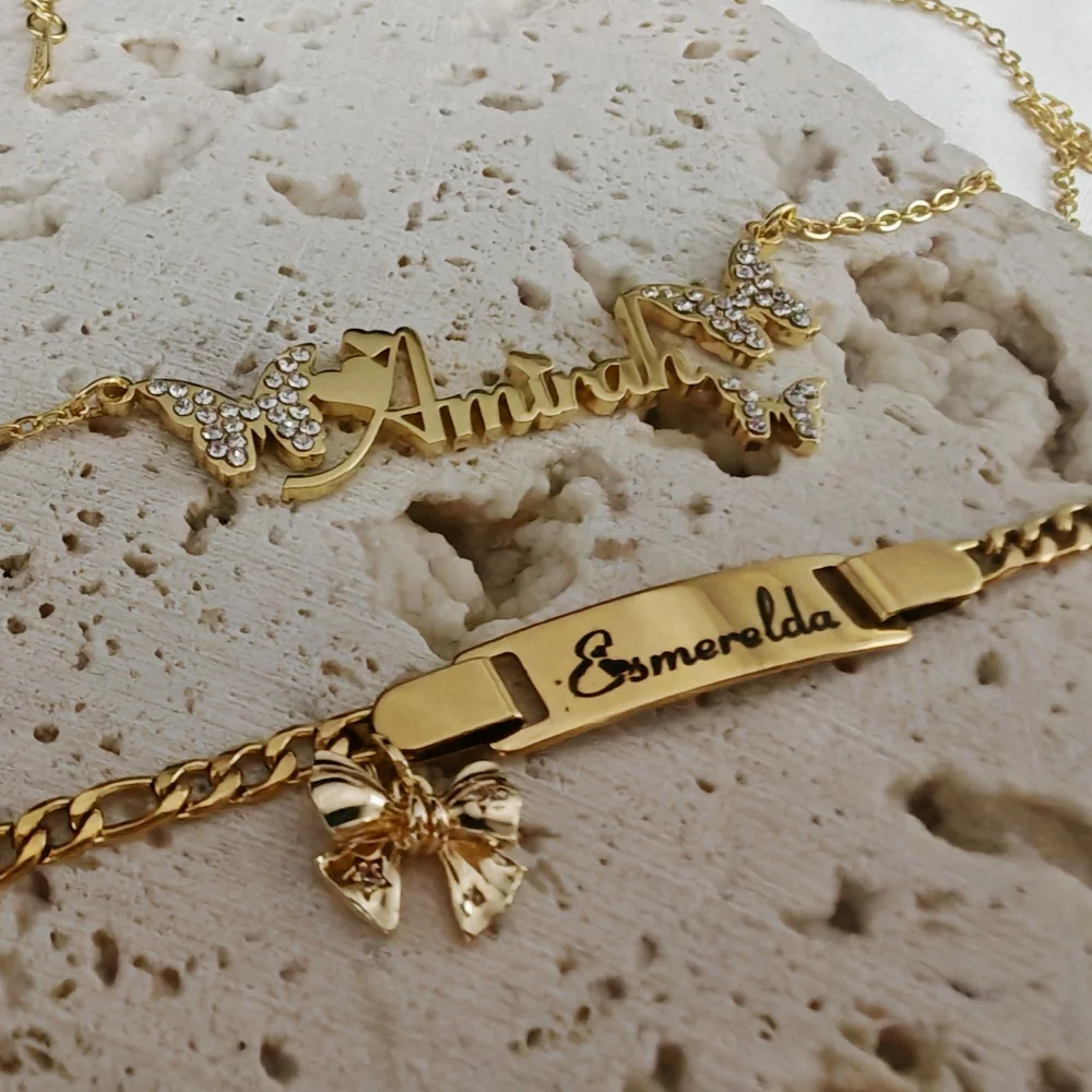 LeeChee Butterfly Set Custom Name Necklace Butterflys Charm Engraved Bracelet Jewelry Party Gift