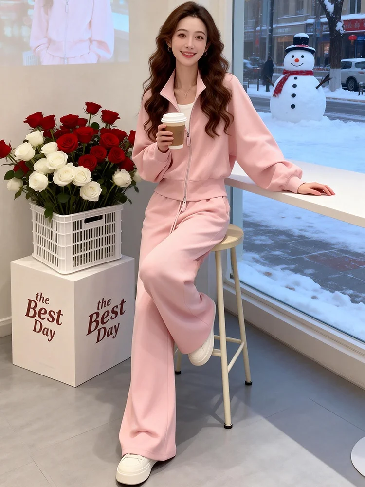 

Spring Casual Sportswear Set Women Pink Outerwear Top Wide Leg Pants Two Piece Set Sweet Stylish Comfortable High Waist Long ...
