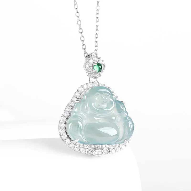 

Luxury A Jadeite Blue Water Buddha Pendant S925 Silver Ice Jade Womens Jewelry Gift