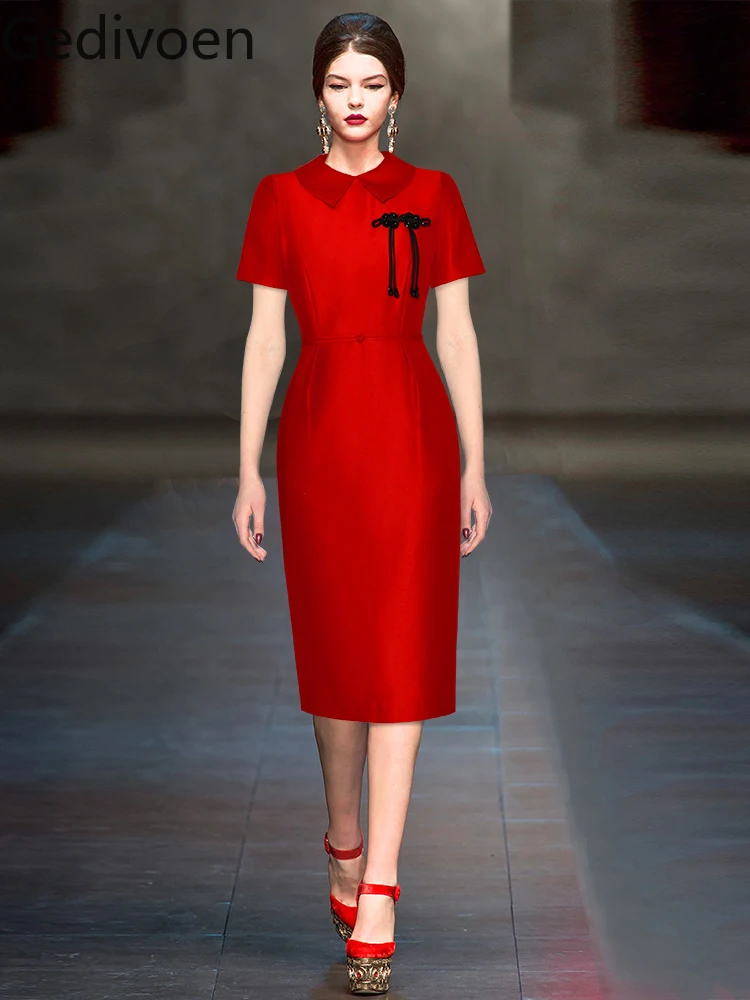

Gedivoen Summer Fashion Runway Designer Dresses Women's Temperament Solid Color Turn-down Collar Disc Buckle Wrap Hip Dresses