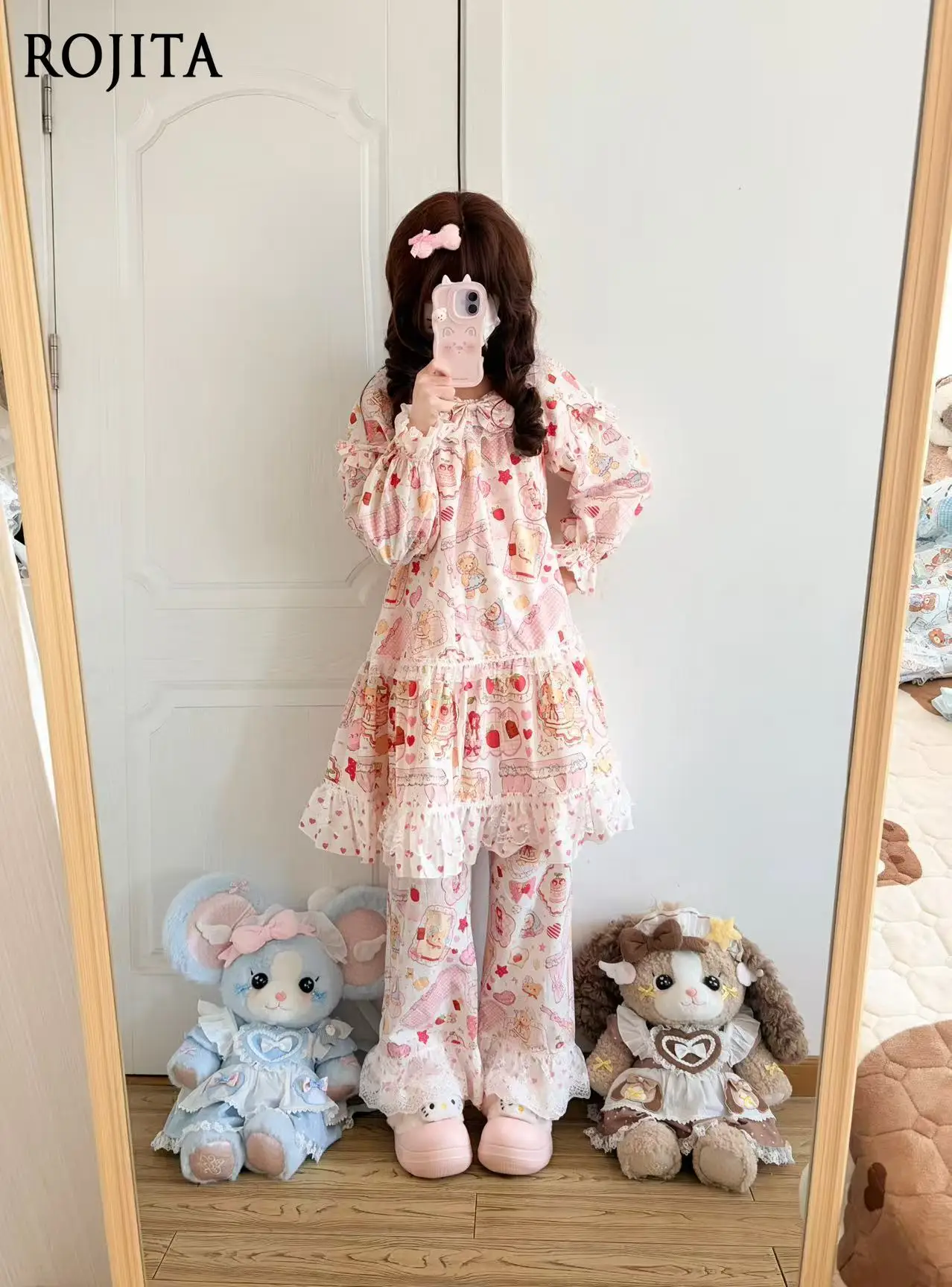 Sweet Girl Nightdress Cute Cartoon Print Ruffle Pajama Set Long Sleeve Loose Lolita Dress and Lace Pants Loungewear