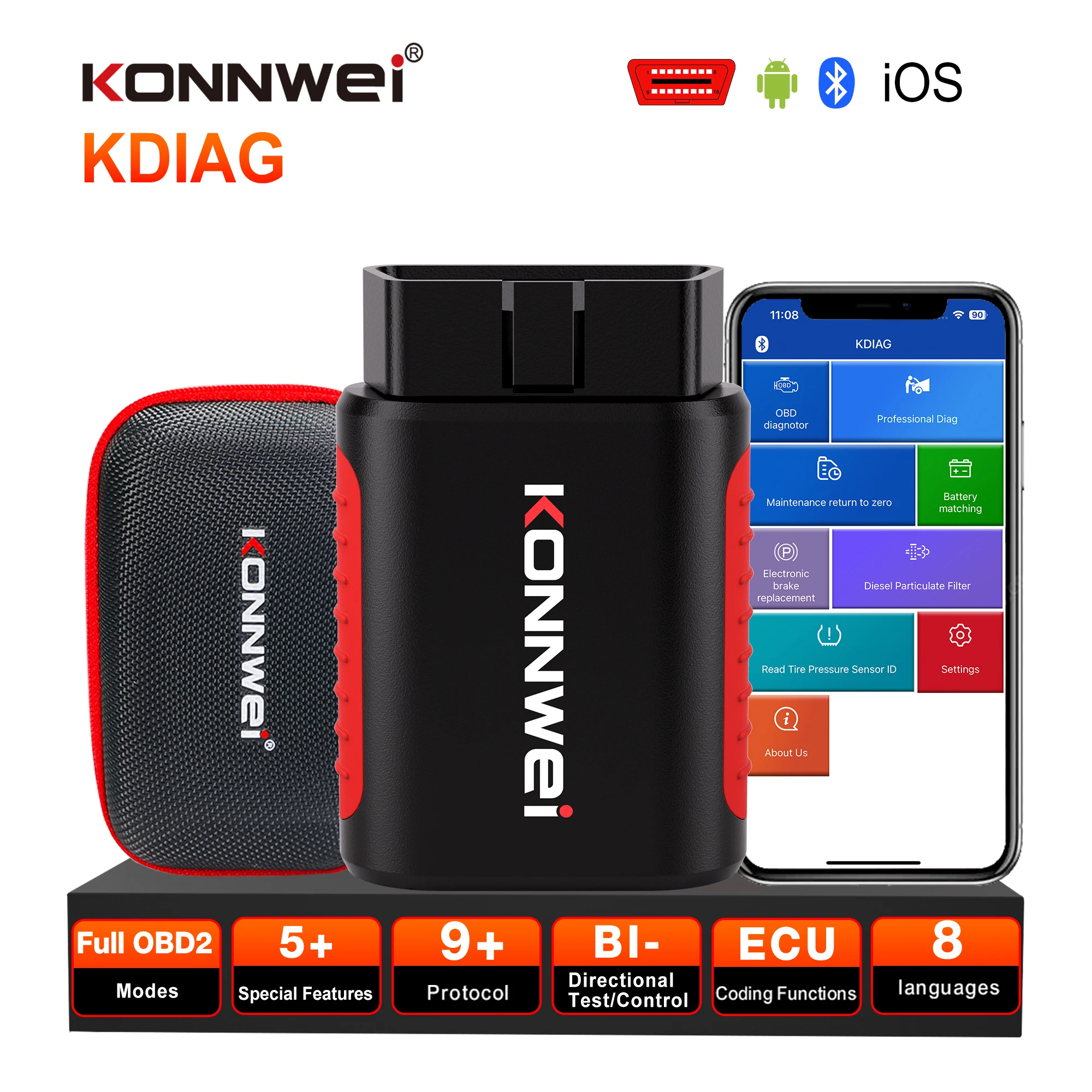 KONNWEI KDIAG Car Obd2 Bluetooth All System Diagnostic Tool Read Erase Codes EPB DPF Oil Reset SRS SAS TPMS Sensor Scanner