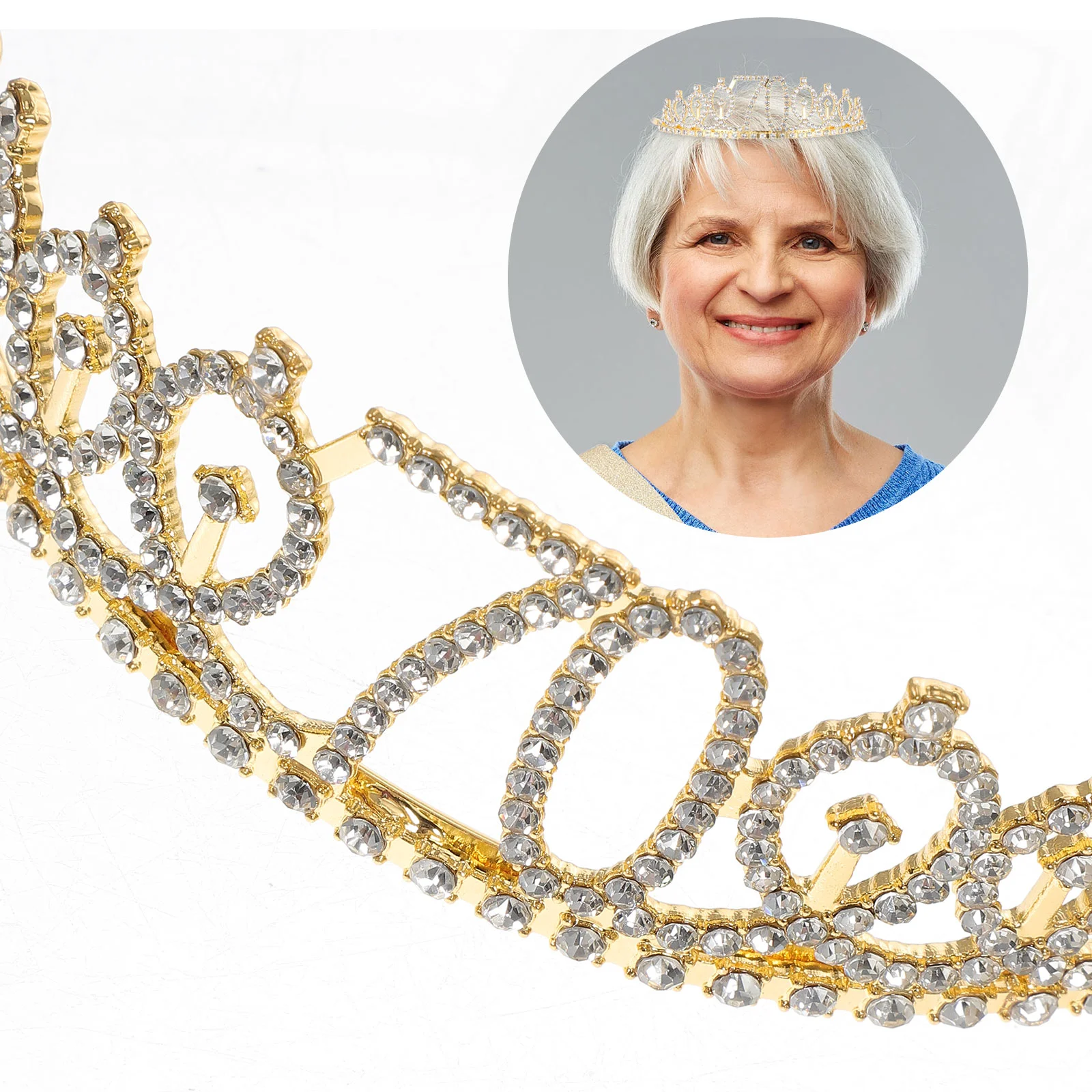 70-Year-Old Shoulder Strap Crown Birthday Tiara Rhinestones Sash Glitter Gold Dust Stretch 70th Gifts for Women Miss