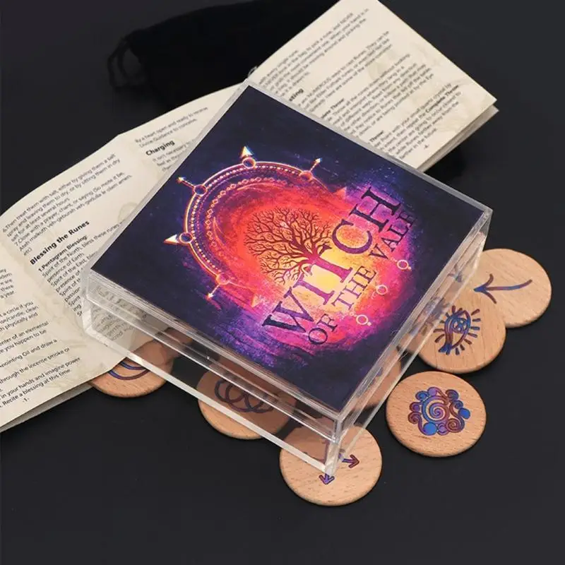 652F Divination Runes Signs Hand Carved Wooden Runes Symbols Set with Instruction and Storage Bag Meditations Tool Enduring