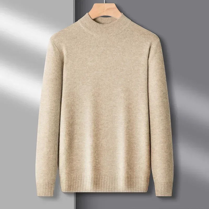 Men\'s Mock Neck 100% Pure Woolen Sweaters Autumn Winter Warm Cashmere Sweater Solid Knitted Pullovers for Men Slim Knitwear Tops