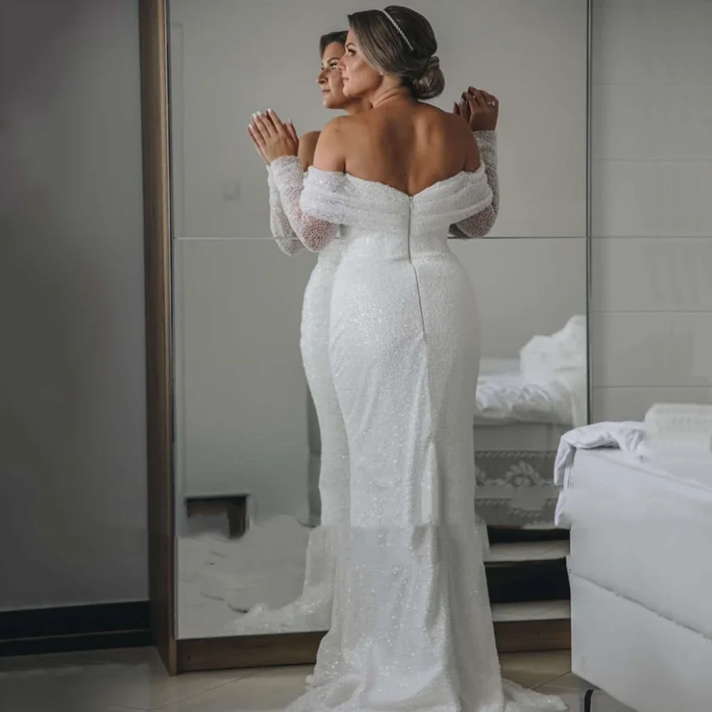 Flavinke Abiti da sposa a sirena in tulle bianco con scollo a barca affascinante personalizzato maniche lunghe lunghezza pavimento abiti da sposa con strascico