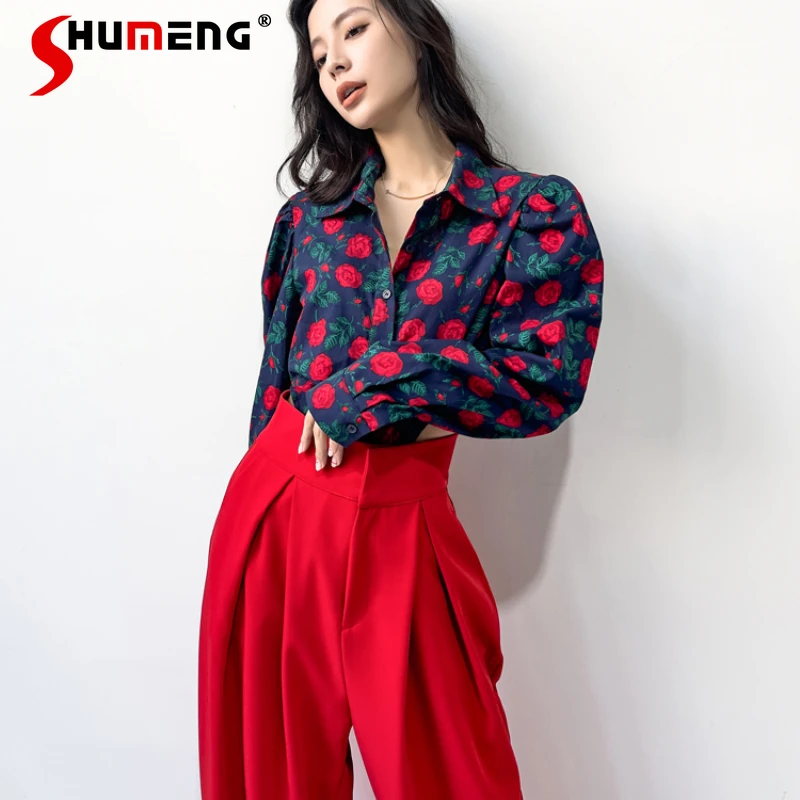 

French Romantic Rose Printed Shirt for Women 2024 Spring New Retro Style Long Sleeve Shirts Blusas Femininas Elegantes Red Pants