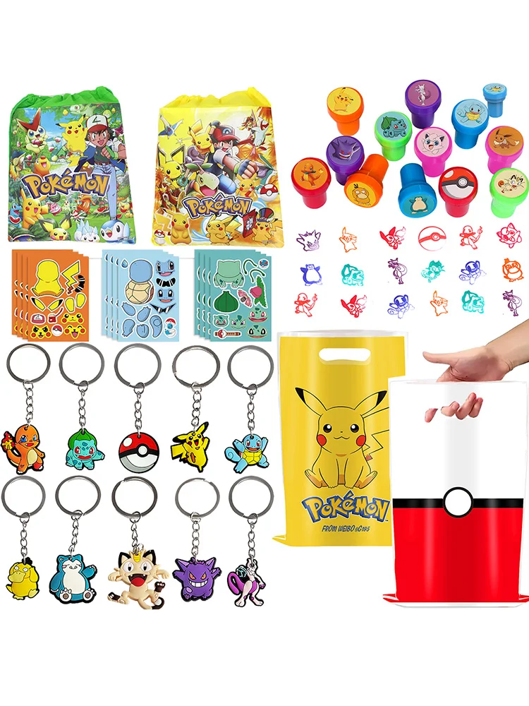 Pokemon cadeaux de fête d'anniversaire Pikachu timbre porte-clés Bouquet poche tatouage autocollant cadeau sac de remplissage enfants bébé douche Supplie