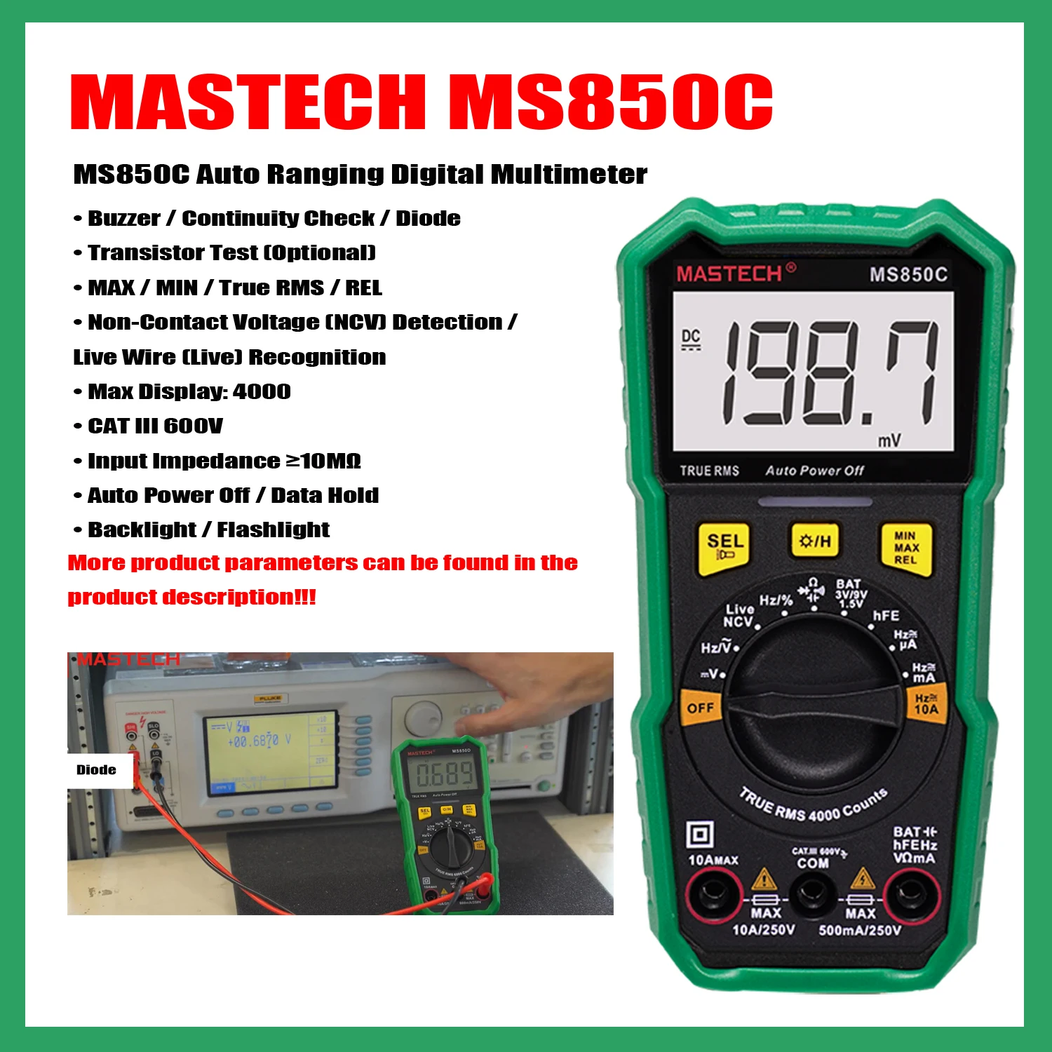 Imagem -03 - Mastech-medidor Multímetro Digital Auto ac dc Votage Tester Ohm Amperímetro Atual Ferramenta Detector True Rms Ms850a Ms850b Ms830c Ms830d