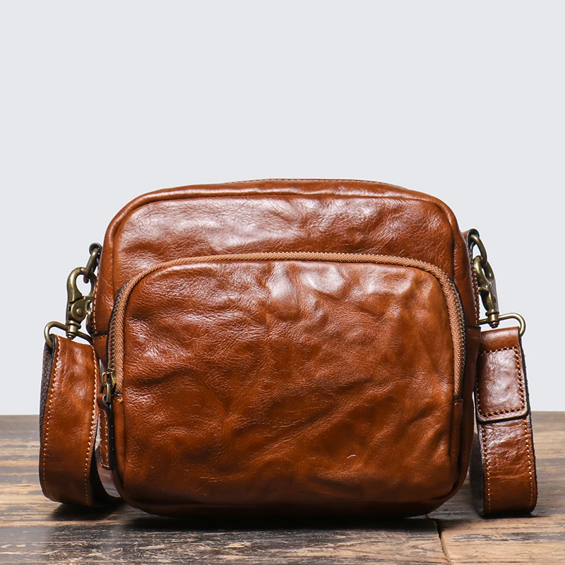 Vintage Casual Men\'s Head Layer Cowhide Leather Shoulder Bag Handmade Original Horizontal Messenger Bag Phone Bag LEATHFOCUS