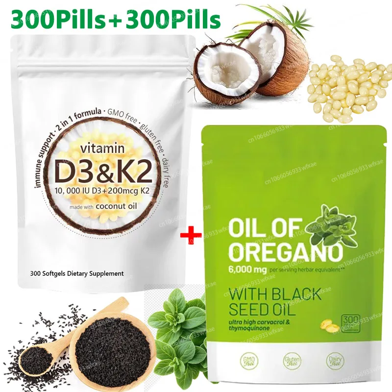 300 cápsulas blandas de aceite de orégano + 300 cápsulas de aceite de coco D3+K2 que favorecen la salud digestiva, las articulaciones, los huesos, el corazón y la salud cardiovascular