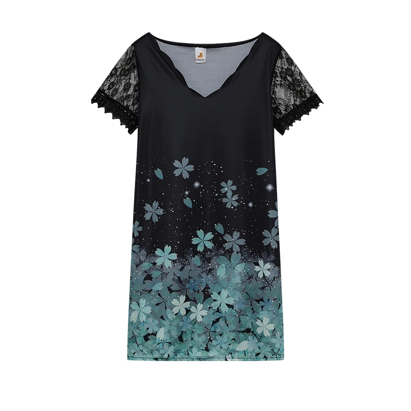 2026 New Women's New Positioning Printing Wave V-neck Lace Short-sleeved Dress