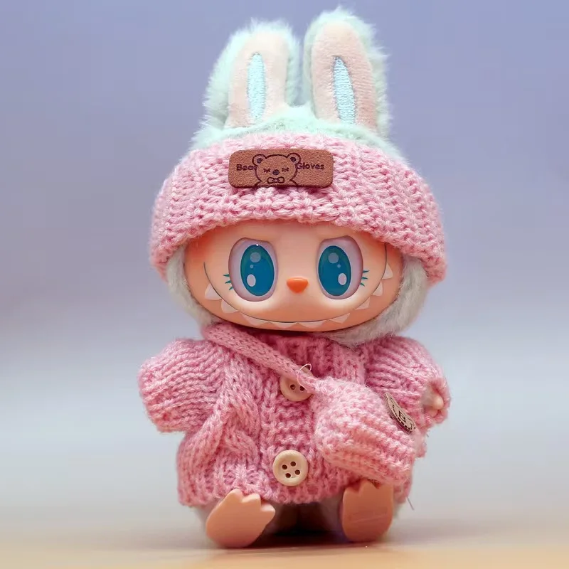 Conjunto de suéter fofo para labubu, festa sentada, etiqueta de urso, cachecol, chapéu, bonecas para acessórios labubu, roupa para roupas labubu de 17 cm