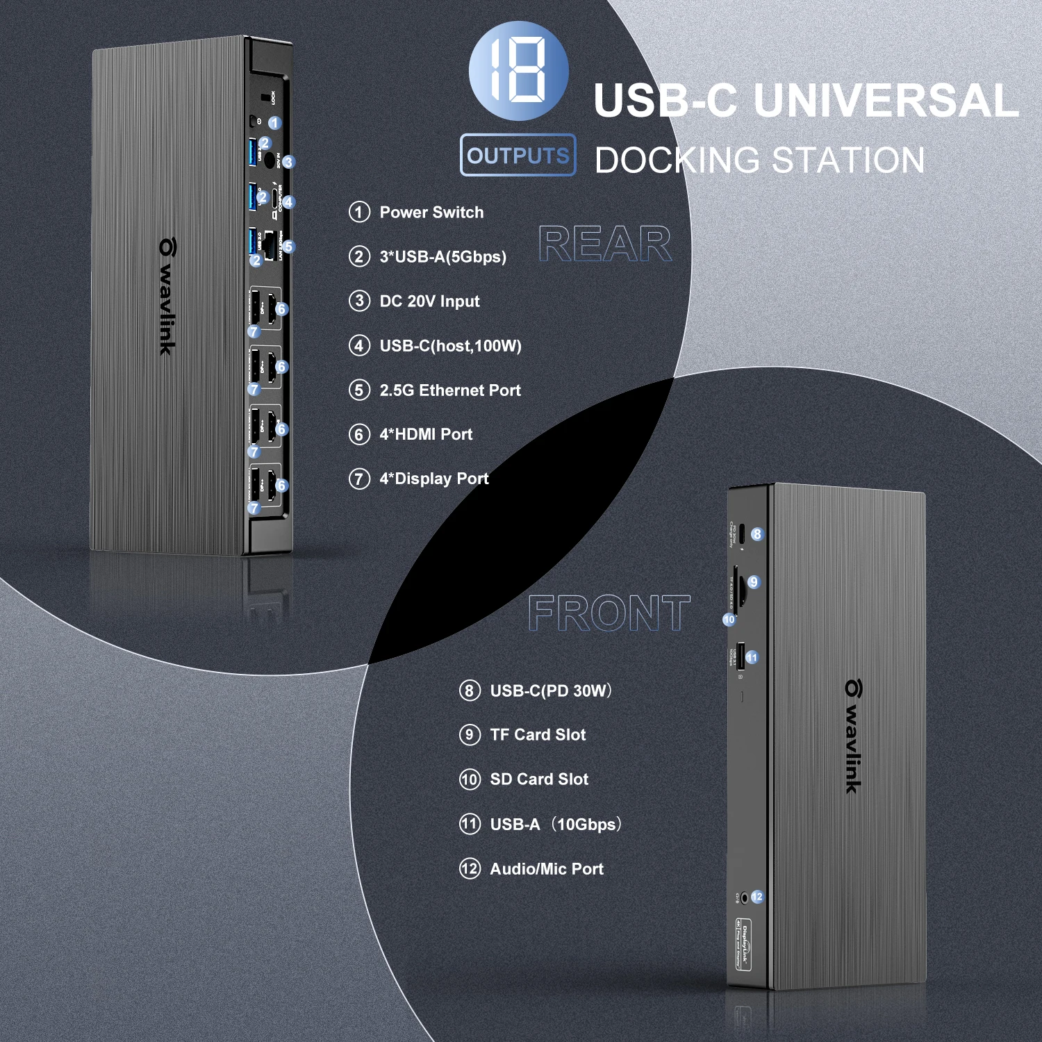 Estação de ancoragem USB C Wavlink-DisplayLink, Monitores Quad, 5K, 4K, 60Hz, 19-em 1, 2.5G, Base USB para Notebook, PD 100W para M1, m2, Mac e Windows