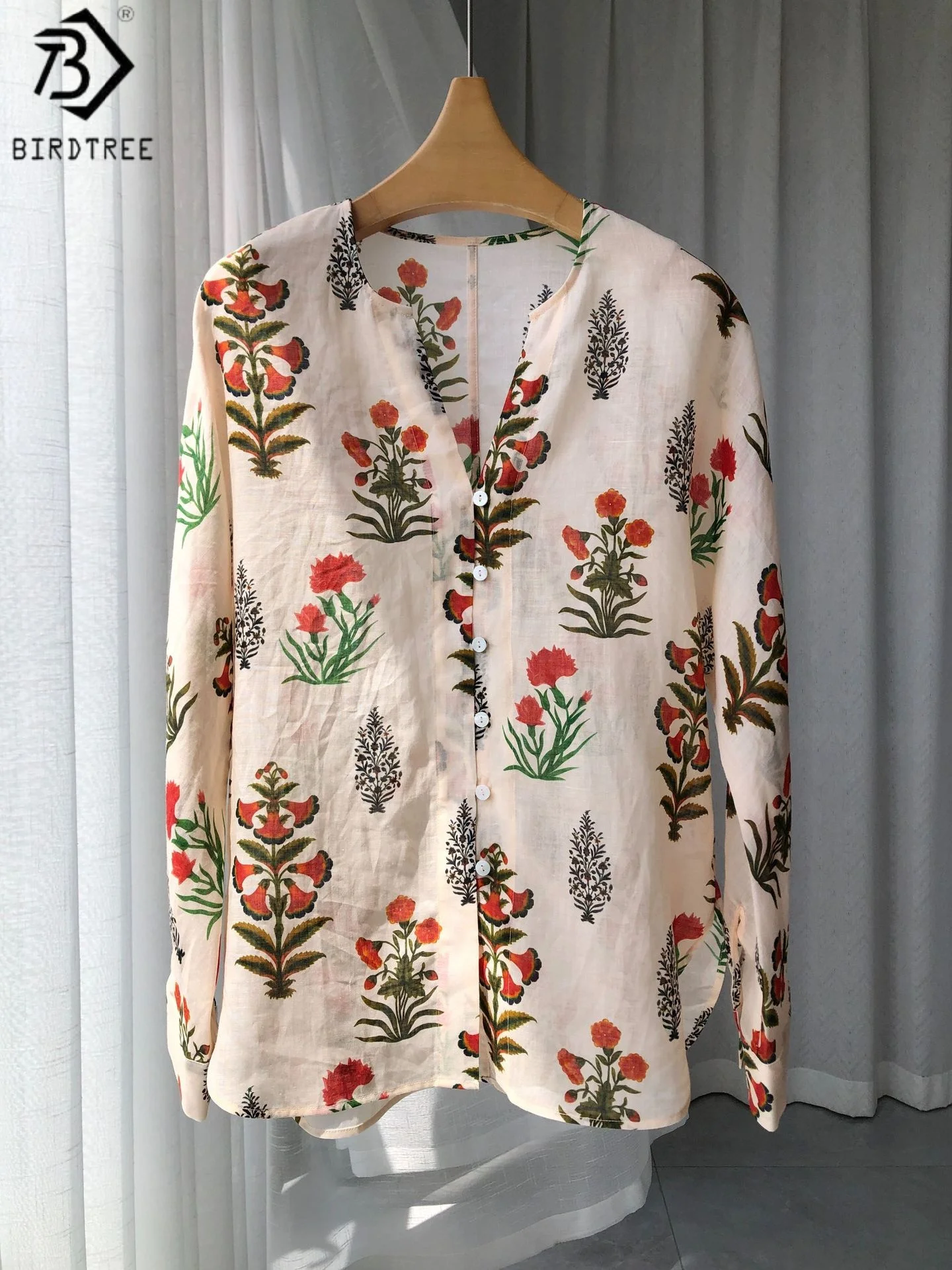 

BirdTree Summer 100% Linen Full Sleeve Blouse,Woman Flower Print V-neck Single Breasted Loose Shirt Tops,2025 New T57113JF