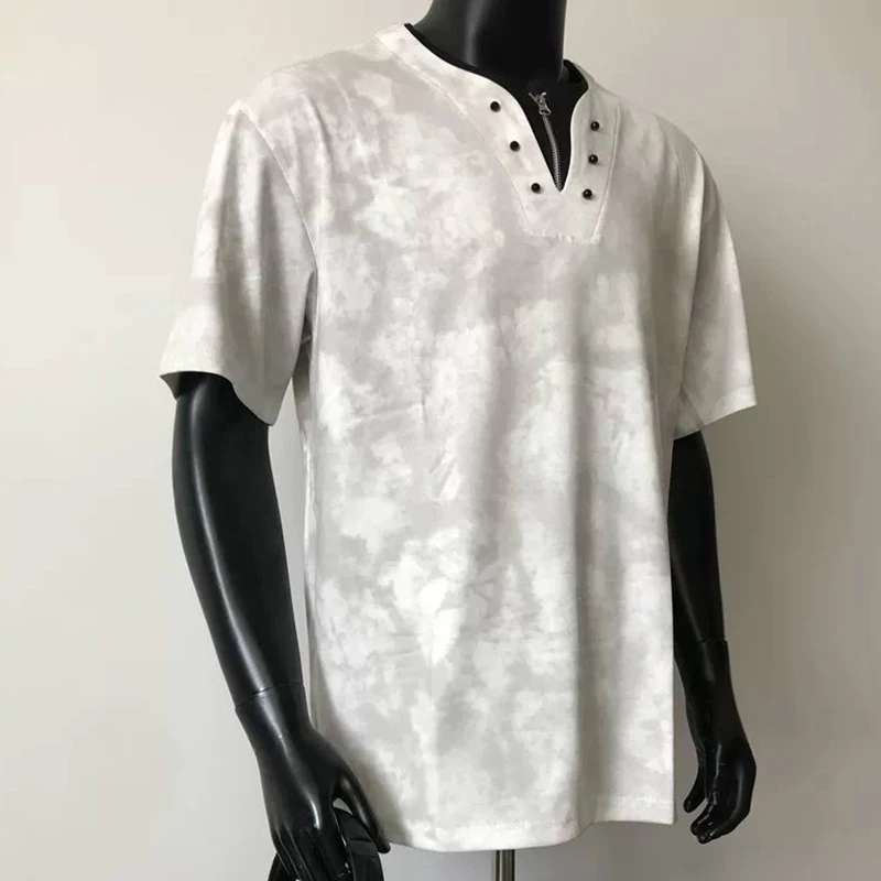 Men Dirty Wash Half Zip Fake Two Piece T Shirt 2026 Summer American Streetwear Loose V Neck Short Sleeve Casual Teen Layer Tops
