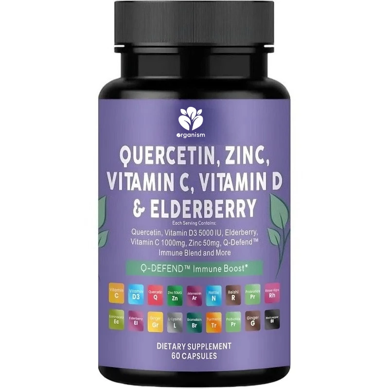 

Immune support formula-60 capsules containing quercetin, zinc, vitamin C, vitamin D, and elderberry