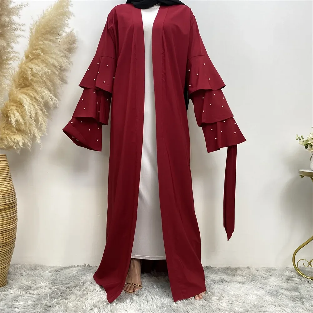 

Muslim Beaded Multi-layer Horn Sleeves Abayas Solid Cardigan Robes with Lace-up Dress for Women Turkey Middle East Femme Kaftan