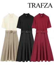 TRAFZA Summer New Fashion Women Dresses Solid O-Neck Half Sleeves Belt Decoration Female Casual Slim Long Dresses 3 Color