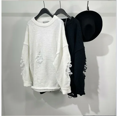 Unisex Holes Knitted  Autumn Winter Fashion Long Sleeve Men Shirt 2024 Oversized Streetwear Vintage Couple Woman Top