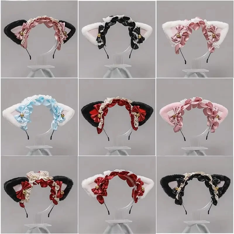 Lolita Kawaii Maid Hairband Women Girls Ruffles Lace Hair Band Cat Ears Ribbon Bell Headband Cosplay Party Hair Accessories