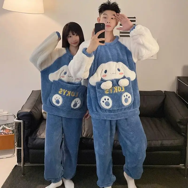 Cartoon Sanrios Kuromi Cinnamoroll Pajamas Women Men Thickened Coral Velvet Anime Pochacco Winter Warm Couple Soft Home Clothes