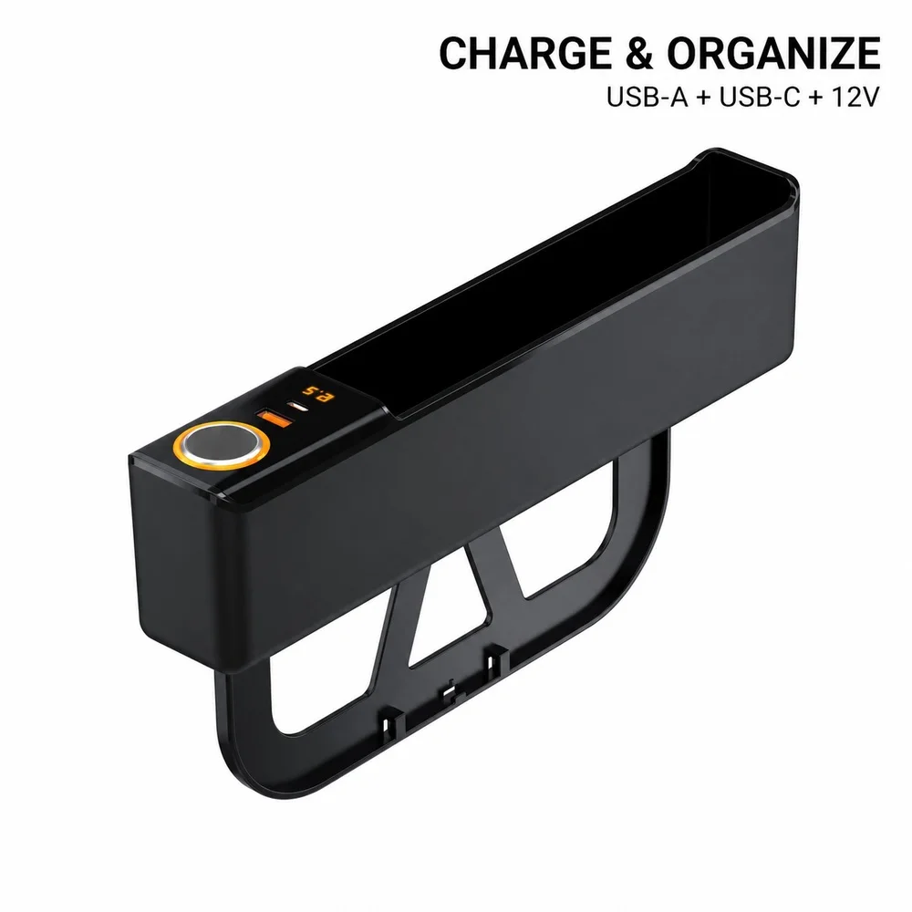 Car Seat Gap Organizer with USB-C USB-A 12V Socket Voltage Display Storage Box Universal Interior Accessory for Most Cars & SUVs