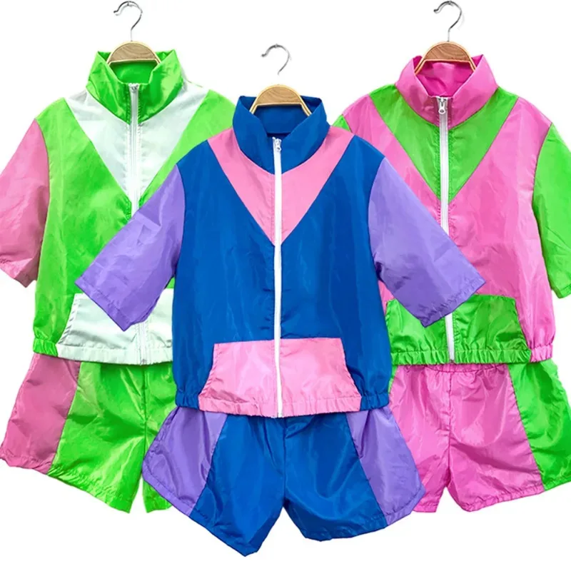 

2025 70s 80s Hippie Training Suit Fashion Color Blocking Jacket Shorts Full Set Hip-hop Disco Cosplay Costume Halloween Pa
