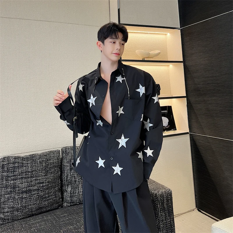 

Spring Summer Men's Long Sve irt Star Print Metal Collar Loose Fit Trendy Youth Stand Tailoring Color Woven Fabric