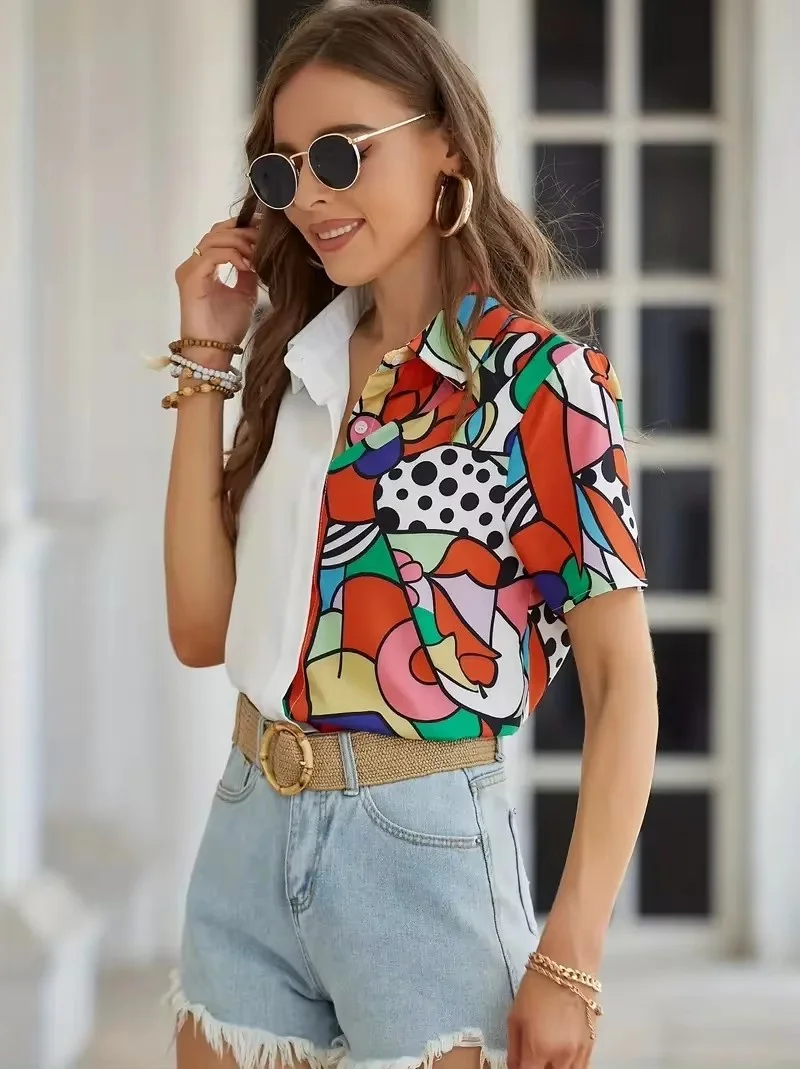 Fashion Cartoon Portrait Print Women\'s Shirt Black Splice Short Sleeve Button Shirt 2024 Spring & Summer Female Clothing Blouses