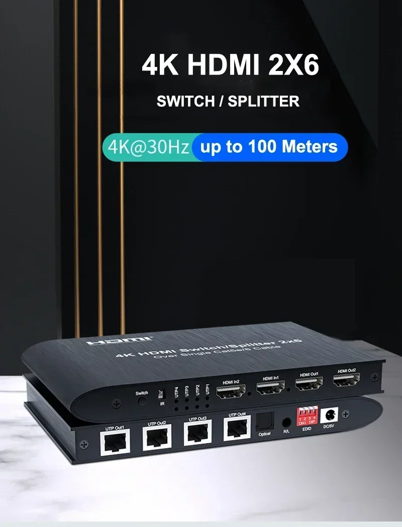 4K 2x6 HDMI Switch Splitter Transmitter with 2 HDMI Port 4 RJ45 Network Cable Port Vs 4K 120M HDMI Ethernet Extender Receiver