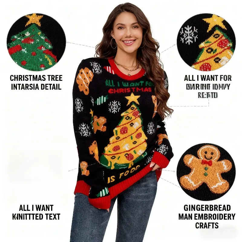 

Women's Christmas Sweater with Pizza Tree Crew Neck Long -Sleeve Knitted Pullover with Festival Winter Outfits