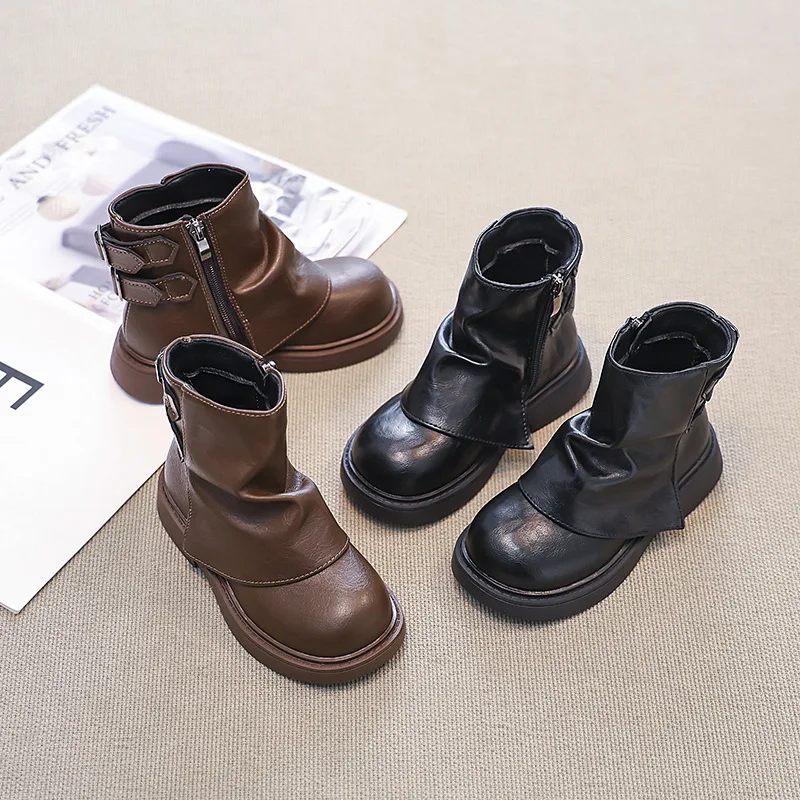 

Fashionable children's boots autumn new style girls' spliced buckle super cool short boots 2024 children's leather boots