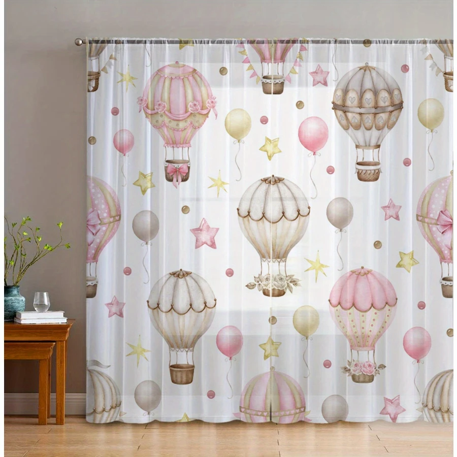 2PCS Digital Print Sheer Curtains, Pink Star Hot Air Balloon, Whimsical Dreamy Adventure for Bedroom Living Room Home Decor