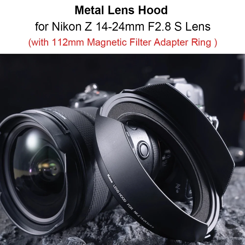 Kase Metal Lens Hood with 112mm Magnetic Filter Adapter Ring + Plastic Rear Lens Cap for Nikon Z 14-24mm F2.8 S Lens